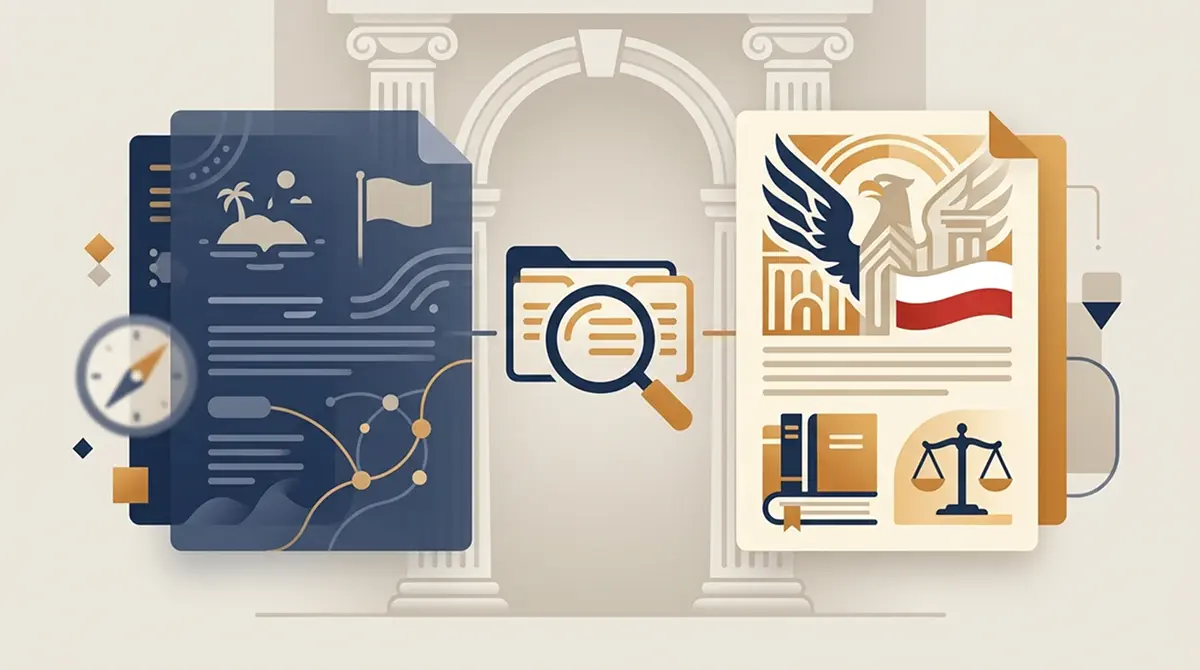 Redakcyjna ilustracja dokumentu licencyjnego i polskiego kontekstu prawnego bez logo i bez fałszywego certyfikatu