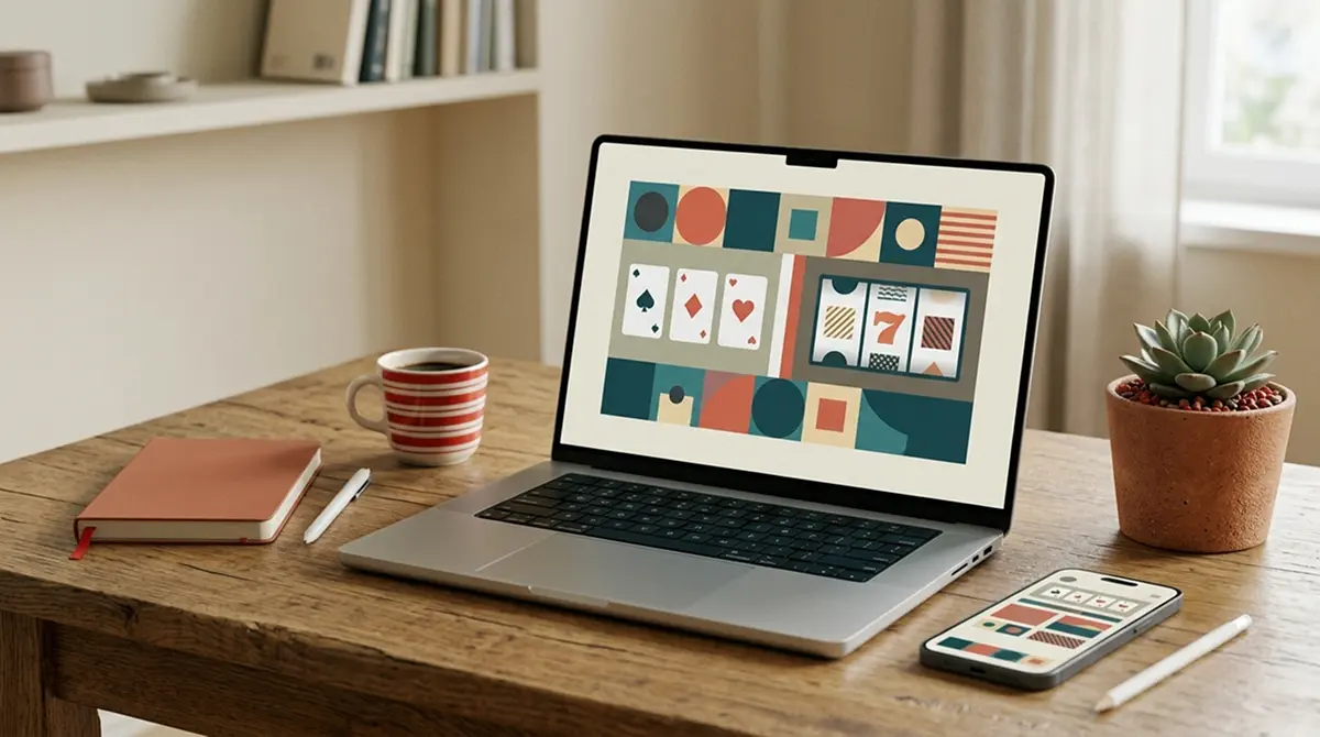 Ilustracyjna scena korzystania z kasyna online na laptopie i telefonie w polskim kontekście